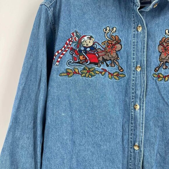 Vintage Christmas denim button down embroidered reindeer shirt Christmas large 1 - Picture 4 of 9